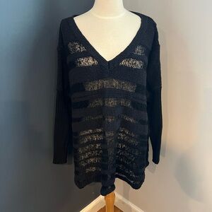 Free People Oversized Black Open Knit V-Neck Sweater Size XS